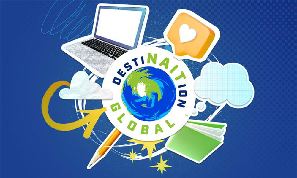 Graphic with a globe labeled “Destination Global,” surrounded by icons including a laptop, chat bubble, cloud, pencil, and notebook.