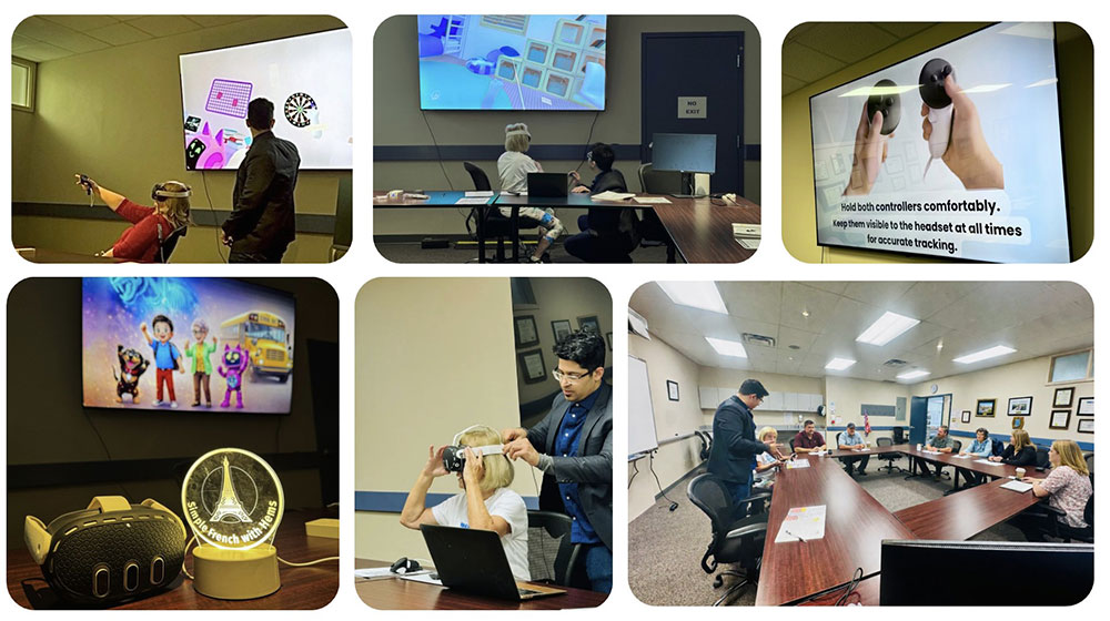 A collage showing people participating in virtual reality demonstrations, wearing VR headsets, and attending a hands-on technology workshop in a classroom setting.