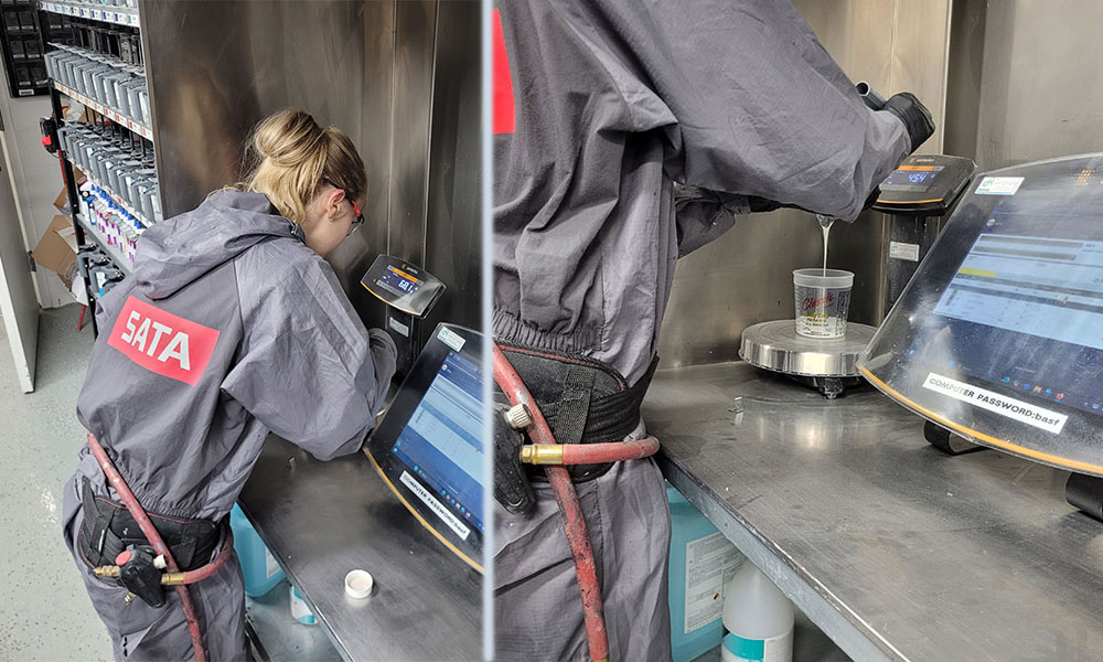 Split image showing a person in a gray "SATA"-branded jumpsuit working in an industrial setting. On the left, they lean over a digital scale with shelves of containers in the background. On the right, a close-up shows their hand pouring liquid into a transparent container on the scale, with a computer screen displaying data nearby.