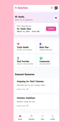 a screenshot of an app called Babynest. it's broken out into a few sections on baby health and development