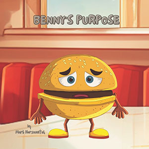 illustration of a hamburger standing on a table. the hamburger has short arms and legs and looks somewhat sad