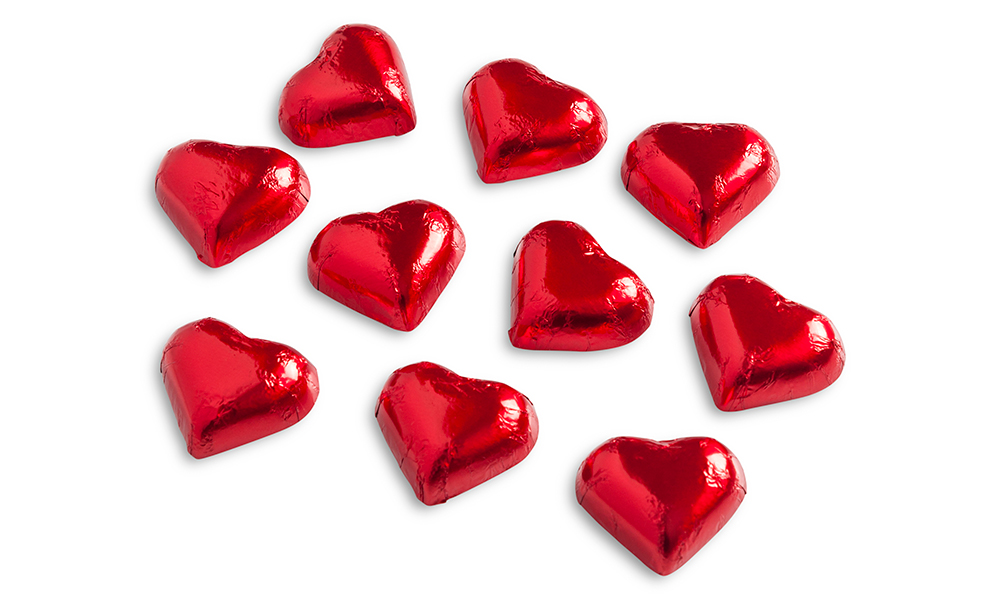 chocolate hearts wrapped in red foil