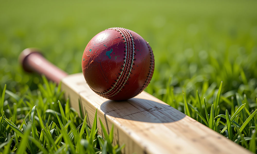 Close-up of a cricket bat lying on green grass with a red cricket ball resting on top, showing visible stitching and wear marks.