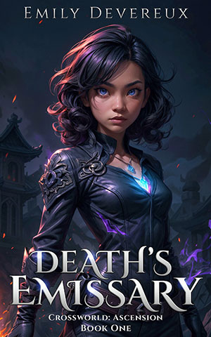 book cover image featuring a young woman in an elaborate leather jacket. a pendant on her chest is glowing blue