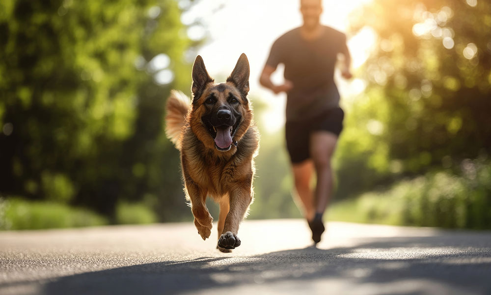 A German Shepherd dog runs along a paved path with a person jogging behind it. The background is lush with greenery and bathed in sunlight, creating a bright and vibrant outdoor setting.