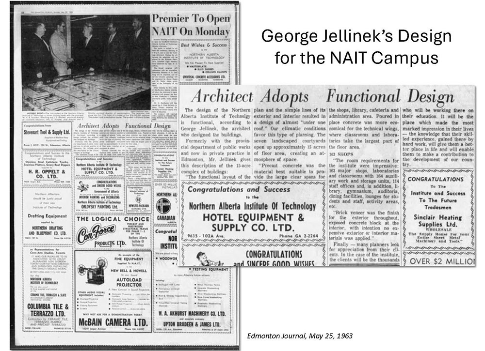 Historic newspaper clipping about George Jellinek’s functional design for NAIT campus, dated May 25, 1963.