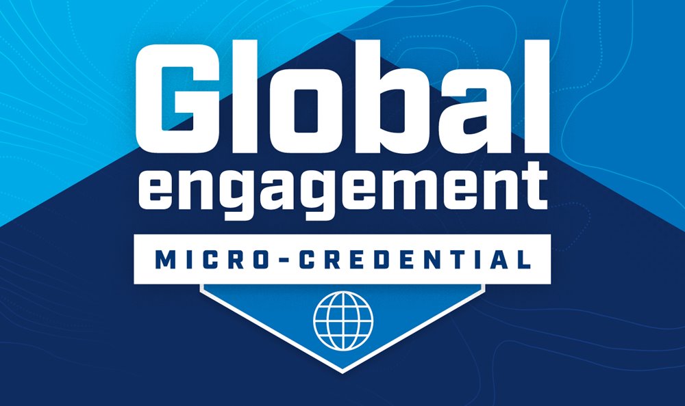 Graphic with blue geometric background featuring the words 'Global Engagement Micro-Credential' and an icon of a globe.