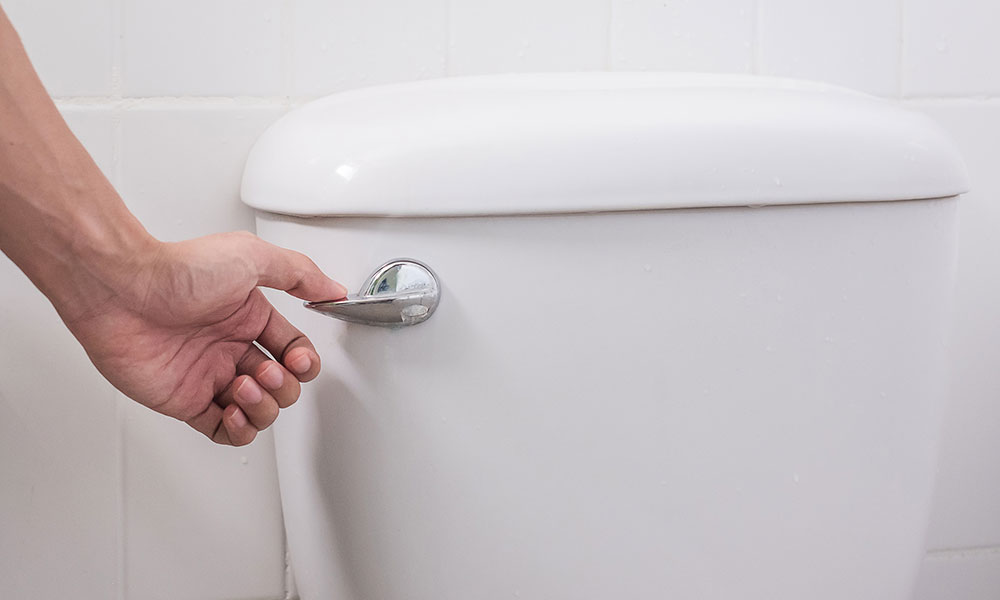 man's hand flushing toilet handle