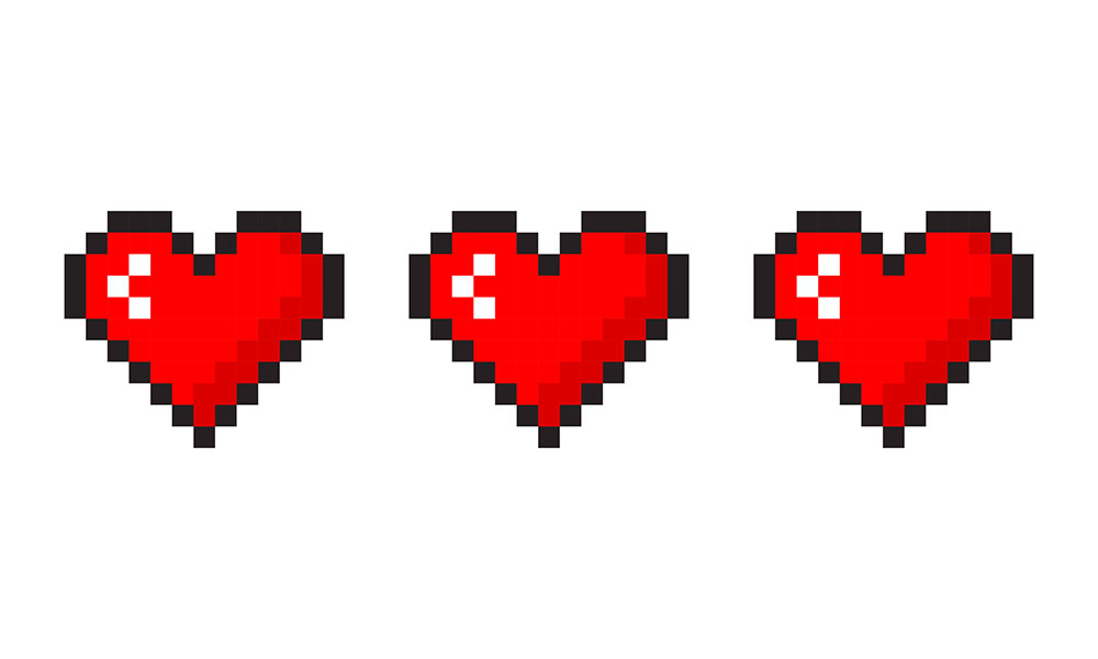 three pixelated video game hearts