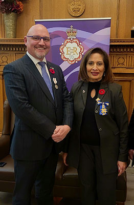 josh bilyk, Chief of Staff to the Minister of Transportation and Economic Corridors at the Government of Alberta, receiving the Queen Elizabeth II's Jubilee medal from Alberta lieutenant governor Salma Lakhani