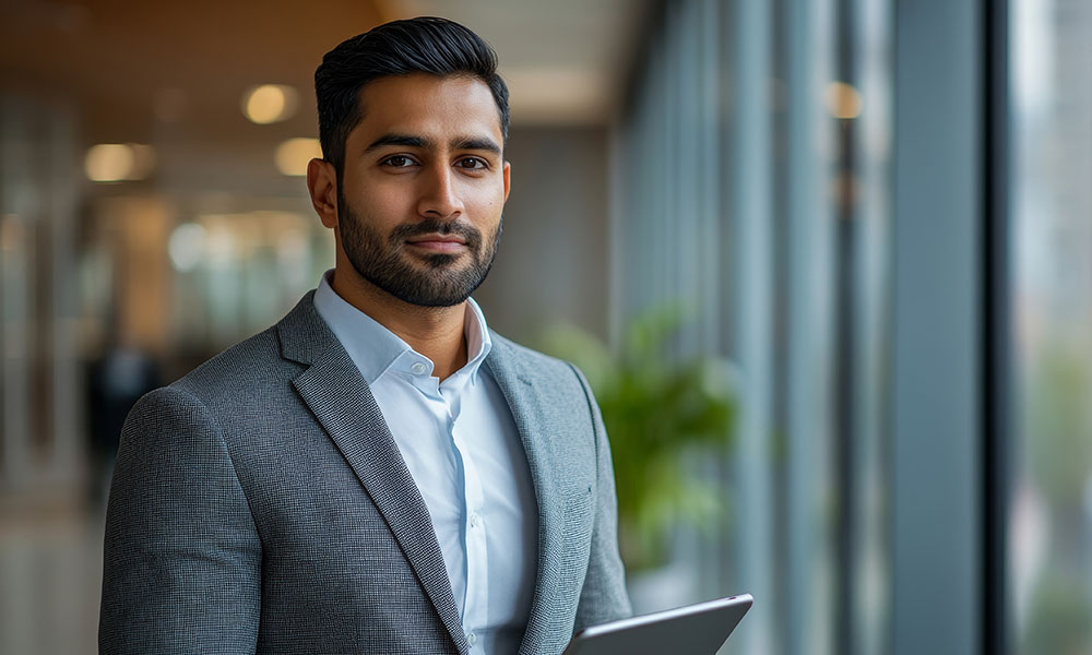 man in grey business jacket and light blue suit holding a tablet and looking at the camera with a slight smile