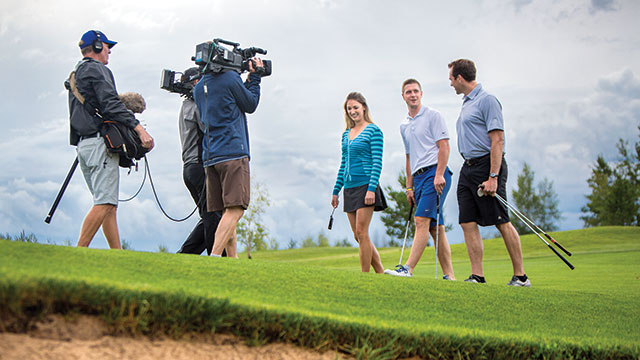 Meg Morrison films the last episode of Pro-Am Golf Show, which she owns and hosts, with Buffalo Sabres Mark Pysyk (centre) and former co-host Jason Strudwick.