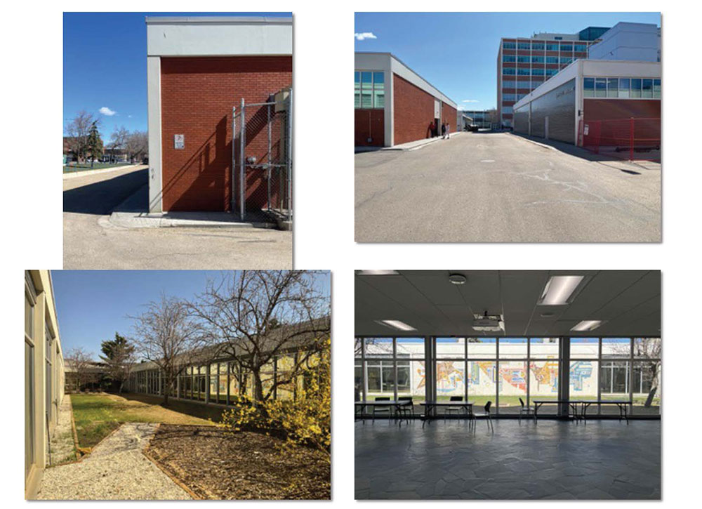 Four views of mid-century modern campus buildings: red-brick exteriors, long window walls, and an interior room with large windows.
