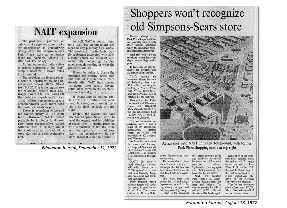 Two Edmonton Journal articles from 1972 and 1977 about NAIT expansion and renovation of the former Simpsons-Sears store, with an aerial photo showing NAIT in the foreground.