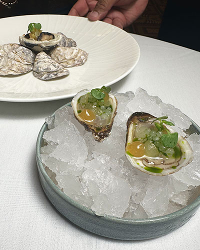 Three freshly shucked oysters on crushed ice, topped with sauce and green herbs, with additional oysters on a plate in the background.