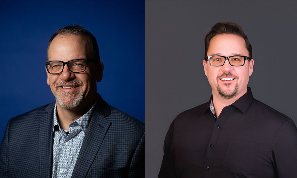 Two side-by-side studio headshots of individuals wearing glasses, photographed against solid blue and gray backgrounds.