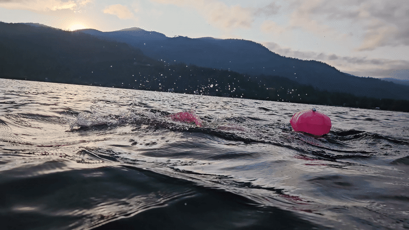 a woman swims in a lake with a small pink inflatable buoy behind her