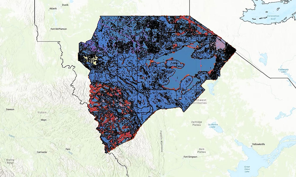 A colour‑coded regional map highlighting land areas with varied classifications across the Sahtu region of the Northwest Territories.