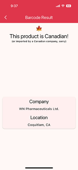 screenshot of phone with the words "this product is canadian"