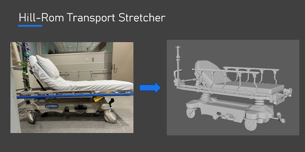 On the left is a photograph of a stretcher in a hospital setting. It has a white padded surface, blue side rails, and wheels for mobility. The head of the stretcher is elevated. An arrow points from the photograph to a 3D model or rendering of a similar transport stretcher on the right. This model provides a clearer view of the stretcher's components and structure, including the adjustable side rails, wheels, and the overall frame.