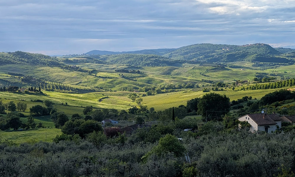 Picturesque landscape of rolling green hills with scattered trees and bushes under a partly cloudy sky. A house with a red-tiled roof is visible in the foreground, with distant mountains in the background.