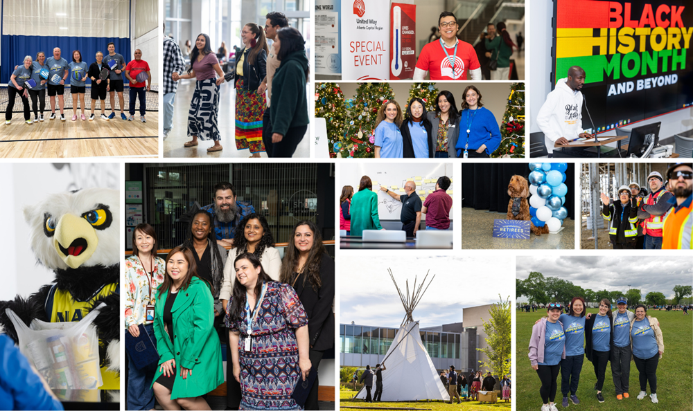 a collage featuring many pictures of people engaging in a variety of workplace and cultural events