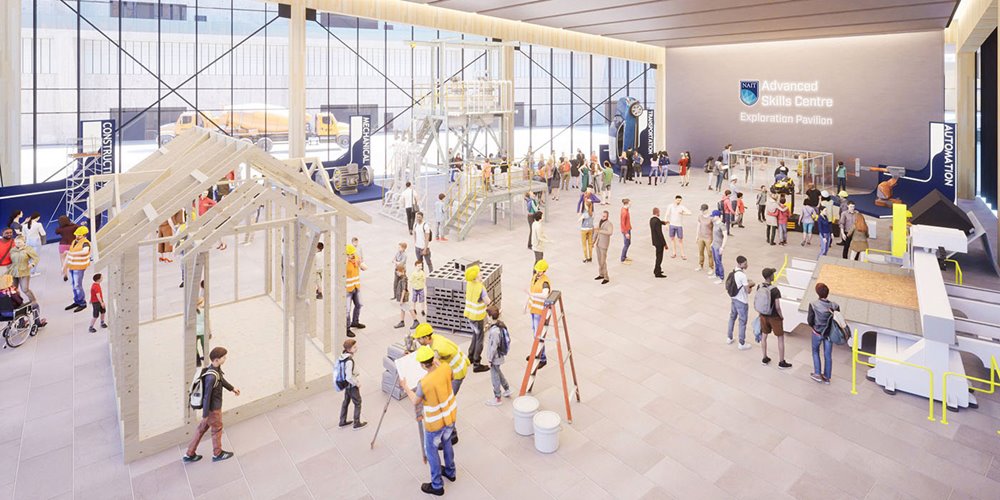architectural rendering of a convention-centre style space featuring wooden structures under construction