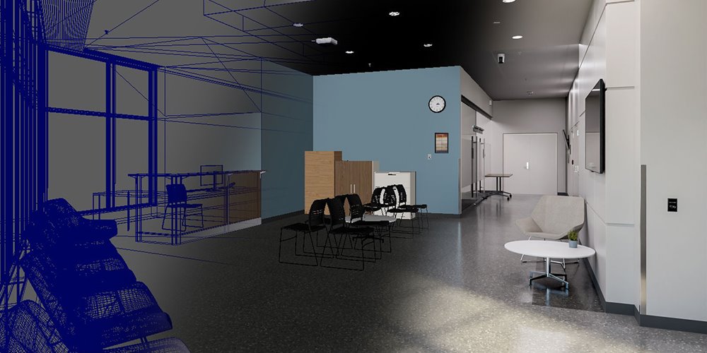 A modern interior space, possibly an office or waiting area, is shown with the left side partially rendered in wireframe, indicating a 3D modeling process. The right side is fully rendered and includes chairs, tables, a wall clock, and a mounted television screen.
