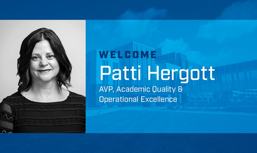 black and white photo of a woman with slightly wavy, shoulder-length dark hair, parted in the middle. to her right is a graphic that reads "Welcome patti hergott"