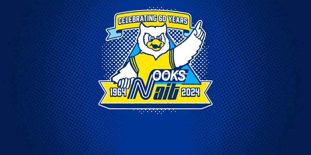 cartoon image of an owl sports mascot holding up a hand and index finger. the banner above it says celebrating 60 years. underneath it says NAIT Ooks 1964-2004