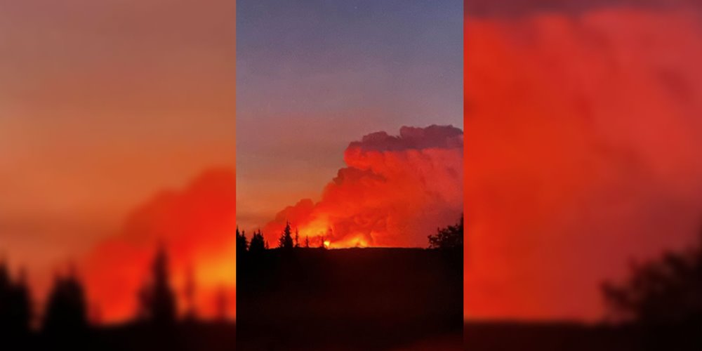 A large wildfire burns intensely in the distance, with bright flames and thick smoke rising against a dark sky, silhouetted trees in the foreground.
