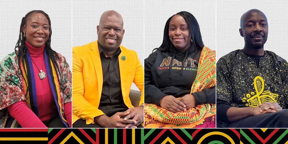 Four seated participants in colorful attire, including a NAIT hoodie and patterned garments, arranged side by side against a graphic backdrop.