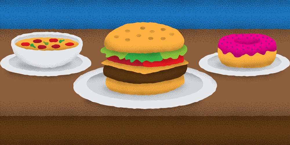 Stylized illustration of a double cheeseburger, soup, and a pink frosted donut on white plates, arranged on a brown surface against a textured blue background.