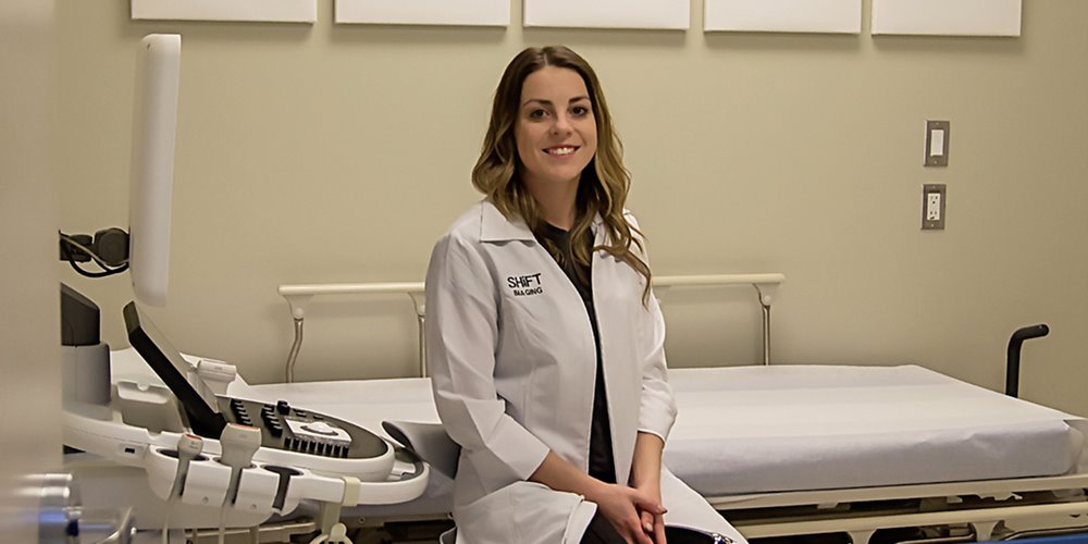 amy bespalko using medical diagnostic equipment at shift imaging, st. paul, alberta