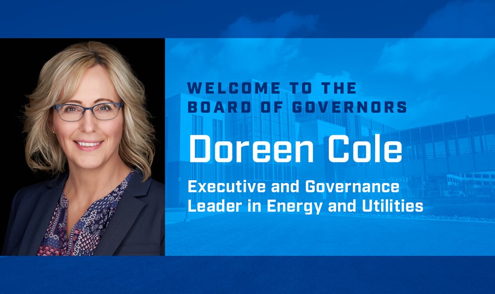 A graphic of a welcome message for Doreen Cole joining the Board of Governors. The text reads: 'Welcome to the Board of Governors. Doreen Cole. Executive and Governance Leader in Energy and Utilities.'