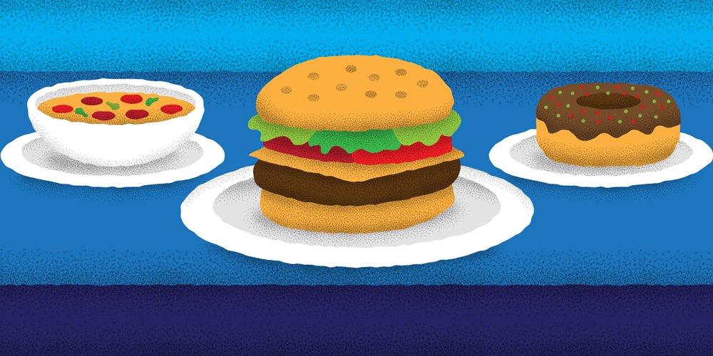 illustration of hamburger in the centre with bowl of soup to the left and a doughnut to the right