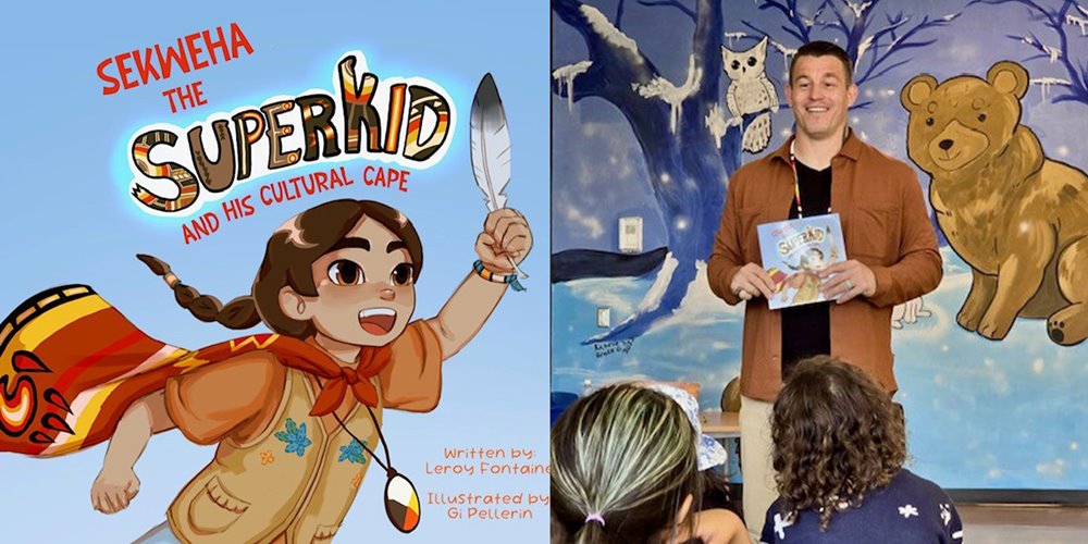 An individual holds up the book 'Sekweha the Superkid and His Cultural Cape' in front of a mural with winter wildlife, speaking to a group of seated children.