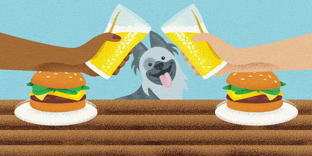 Illustration of two hands clinking beer glasses over a table with two hamburgers on white plates, with a happy dog in the background.