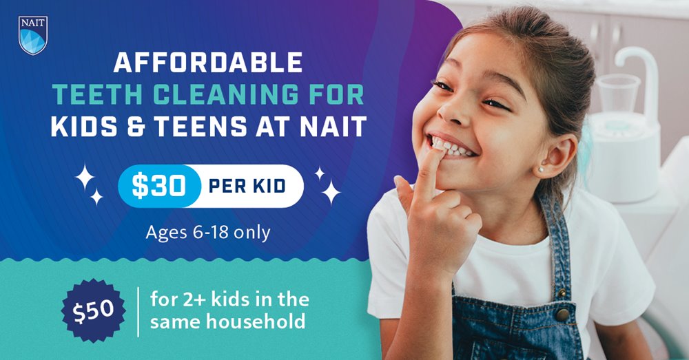 Promotional graphic showing a child pointing to their teeth beside text reading “Affordable teeth cleaning for kids & teens at NAIT,” with pricing.