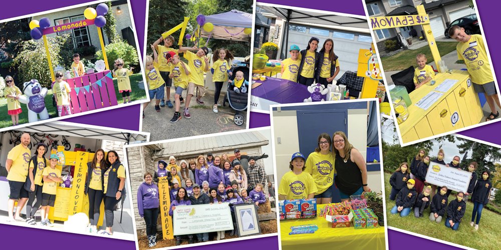 collage of pictures of stands set up for lemonade stand day, organized by nait grad monita chapman