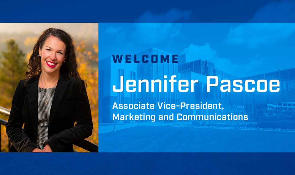 a woman in a black business jacket and checkered black and white shirt smiles for a photo. to the right of the image are the words Welcome Jennifer Pascoe, NAIT associate vice president marketing and communications
